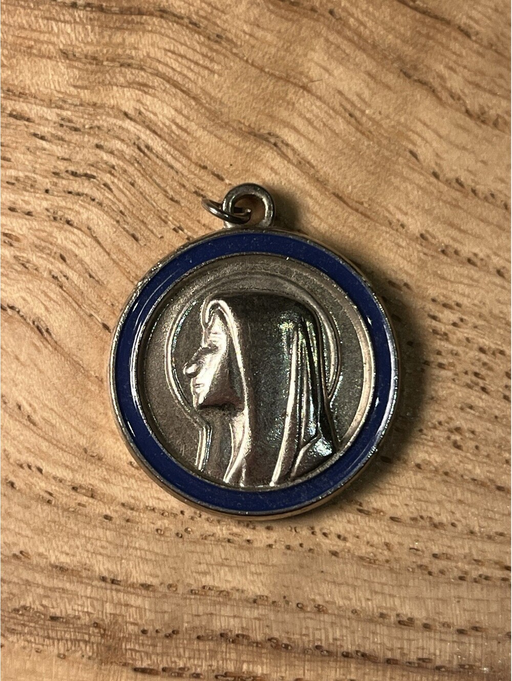Vintage Mary Mother Of Jesus Blue & Grey Necklace Pendant
